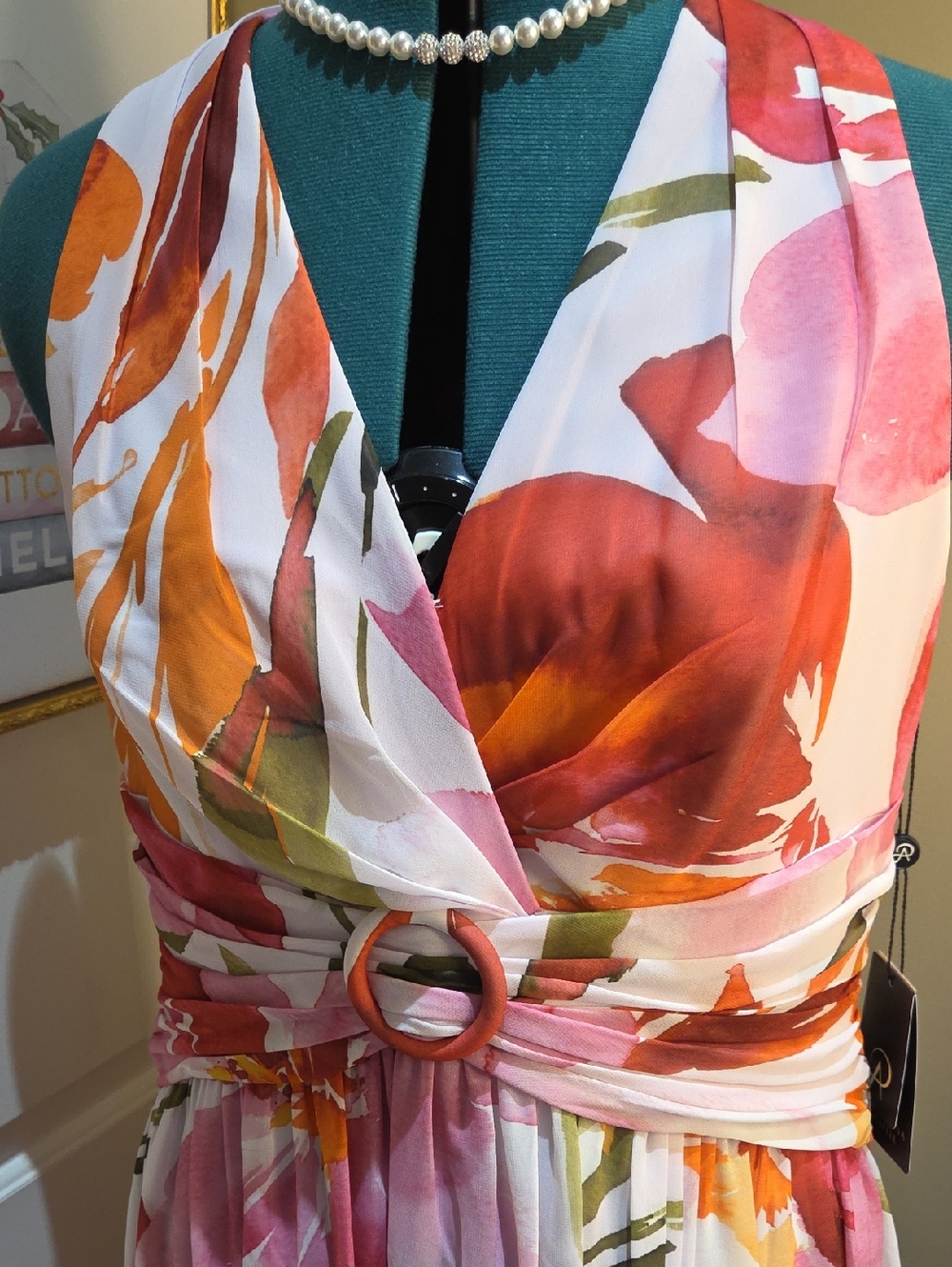 Nwt 14 $ 199 Adrianna Papell Pink & Orange Floral Halter Maxi Dress - Picture 13 of 17